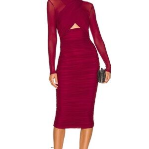 NWT Bardot Burgundy Ruched Midi Dress with Sheer Long Sleeves